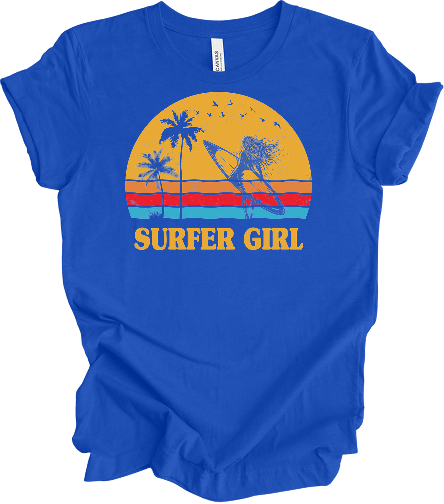 Surfer Girl Vintage Retro 70s Beach Surfing California Lover T-Shirt in True Royal