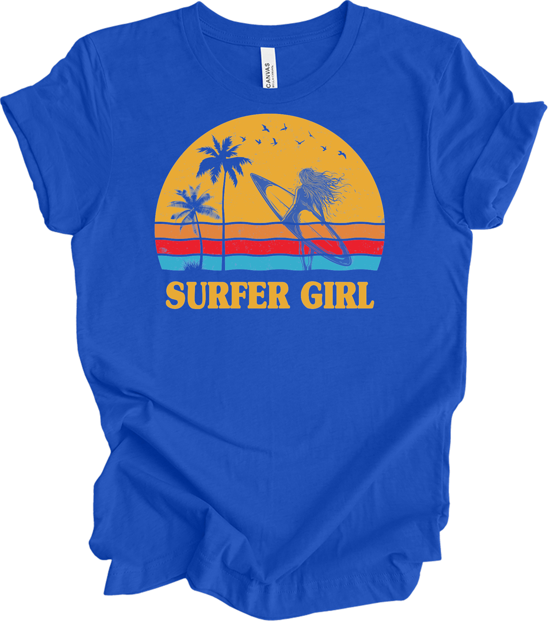 Surfer Girl Vintage Retro 70s Beach Surfing California Lover T-Shirt in True Royal