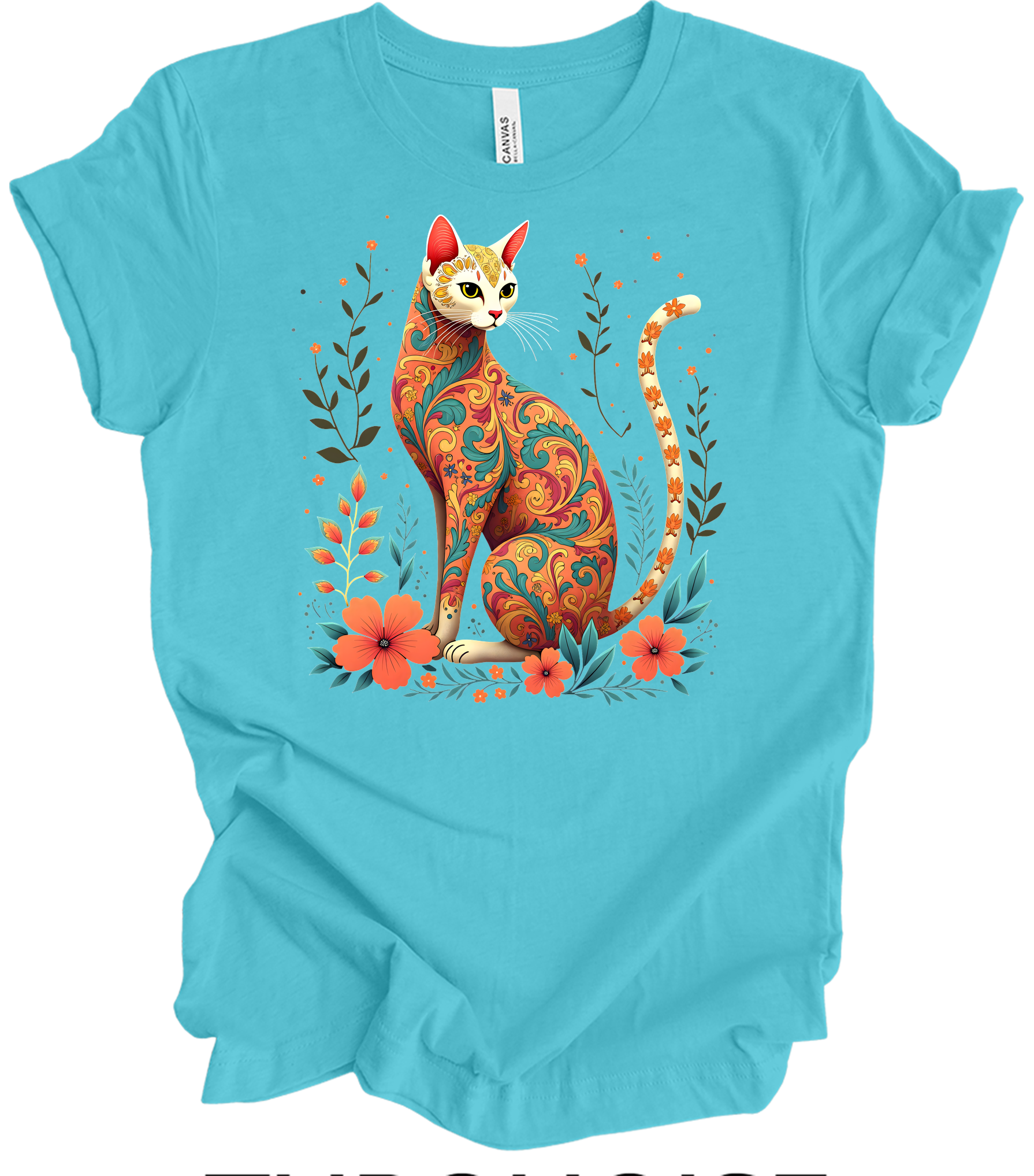 Floral Cat Art - Siamese Design T-Shirt in Turquoise
