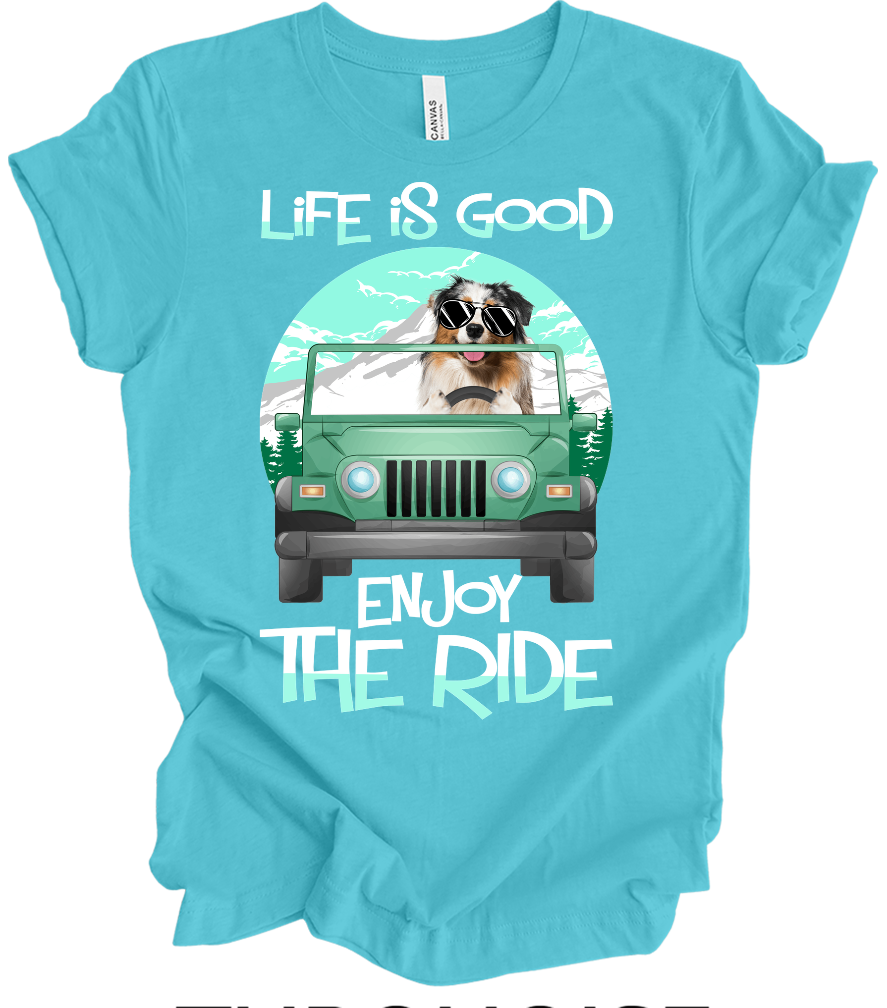 Australian Shepherd Jeep Dog - Life is Good Aussie Mom Gift T-Shirt in Turquoise