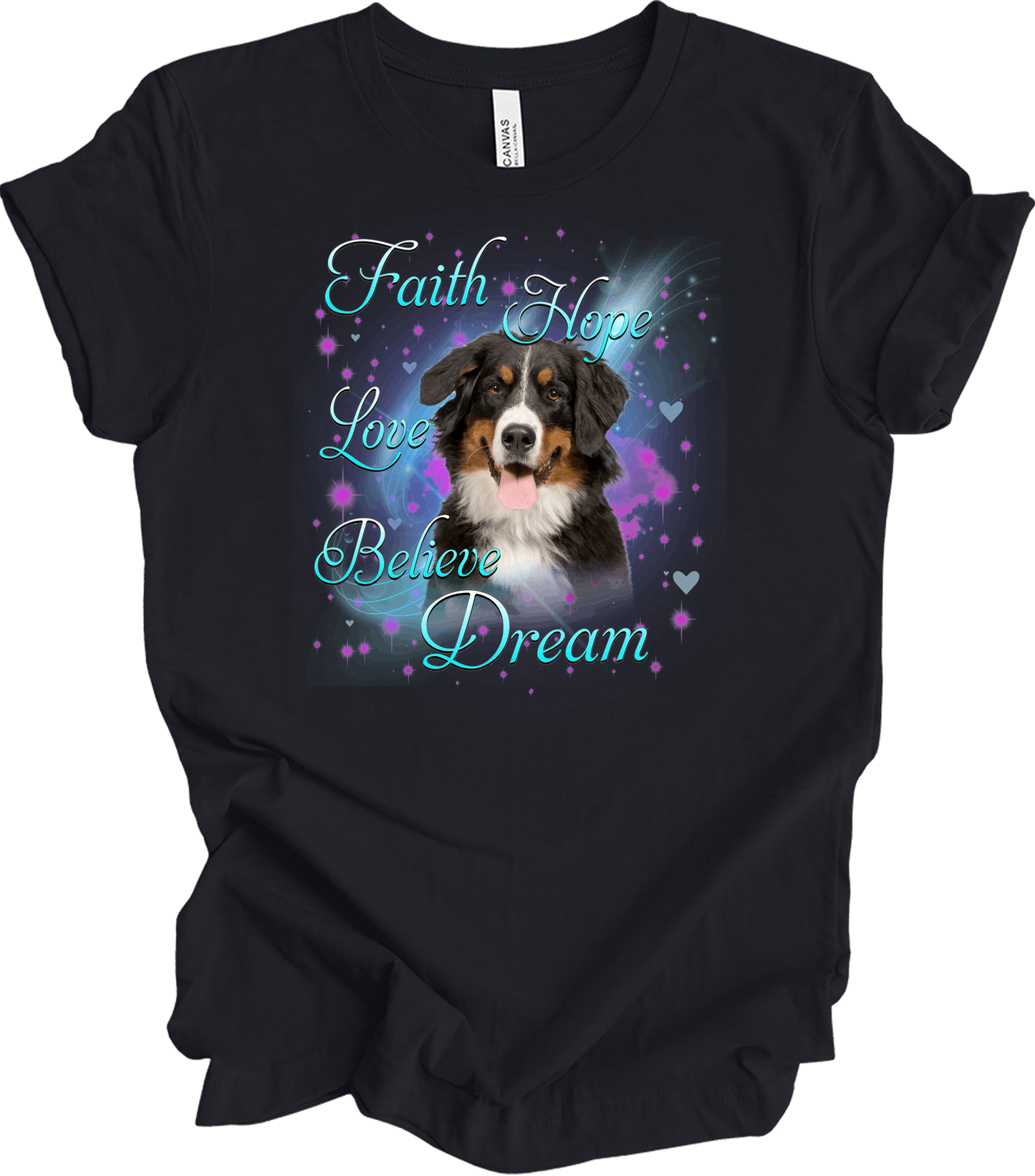 Bernese Mountain Dog Faith Hope Love Believe Dream Inspirational T-Shirt in Vintage Black