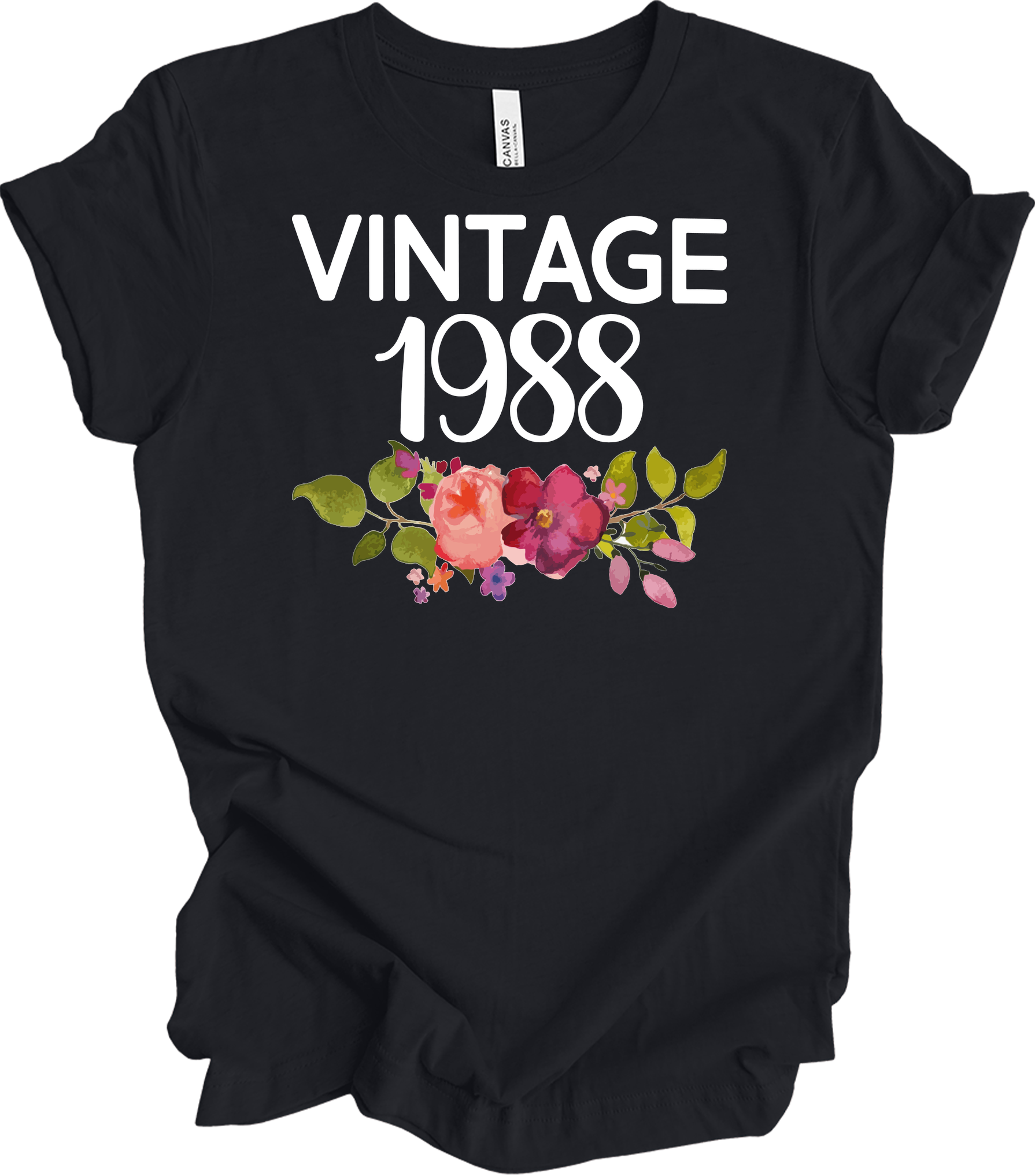 Vintage 1988 Birth Year Floral - 35th Birthday Gift T-Shirt in Vintage Black