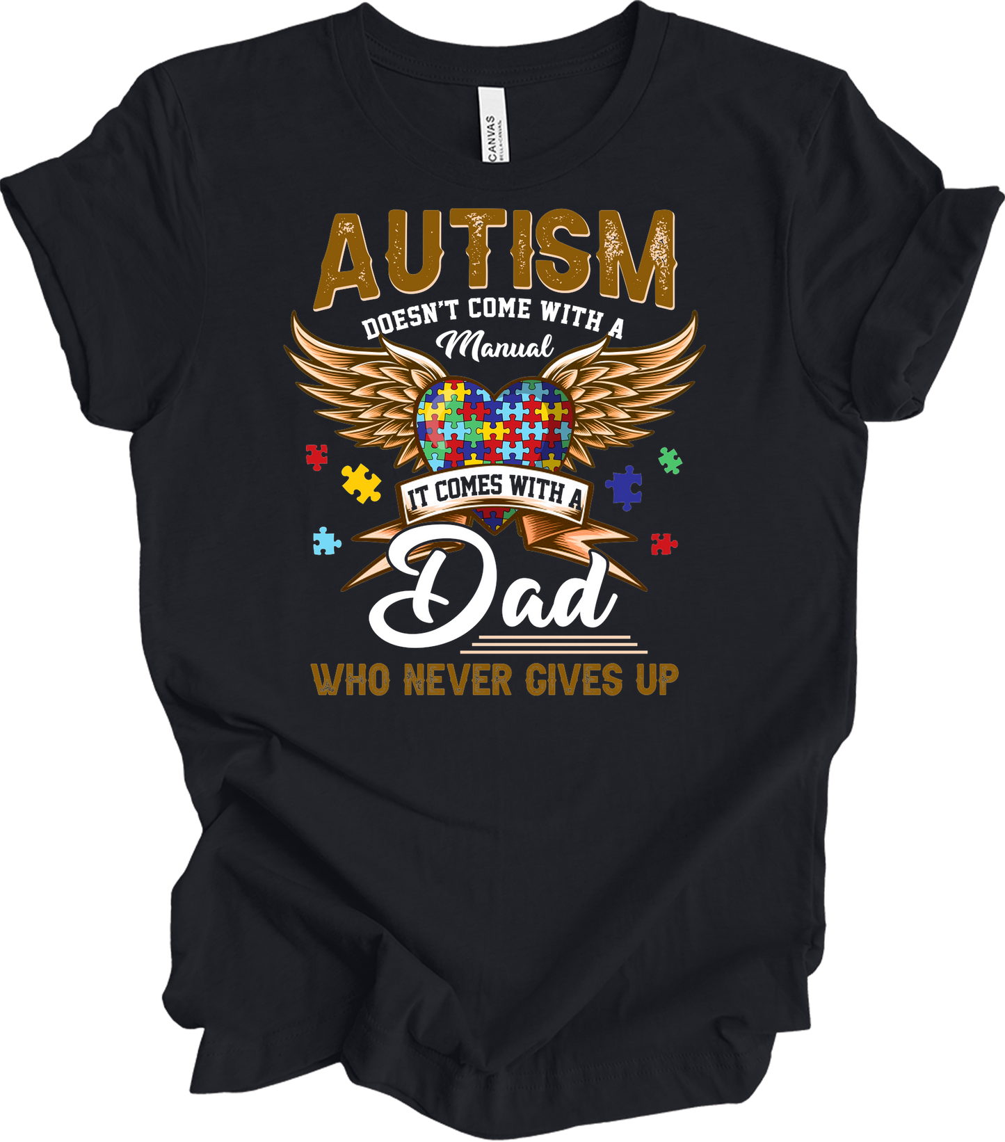 Autism Dad Heart Puzzle T-Shirt in Vintage Black