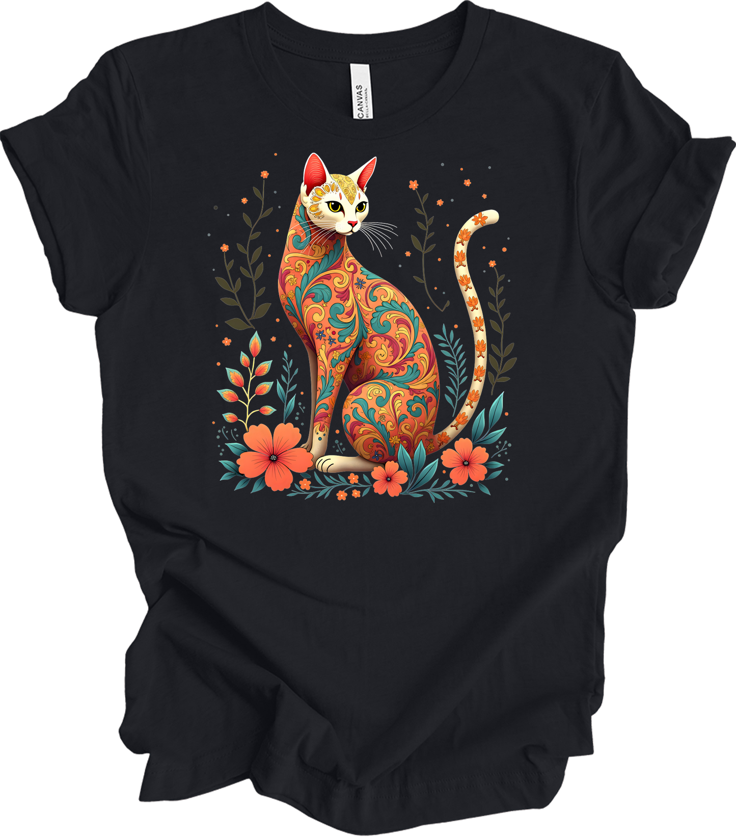 Floral Cat Art - Siamese Design T-Shirt in Vintage Black