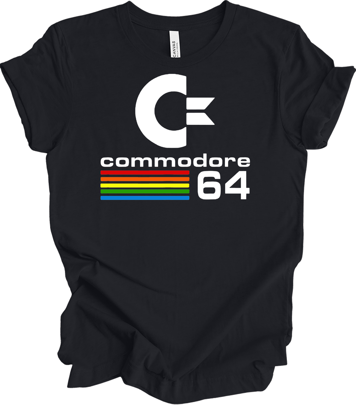 Commodore 64 Retro 80s Gaming - C64 Rainbow Stripe T-Shirt in Vintage Black