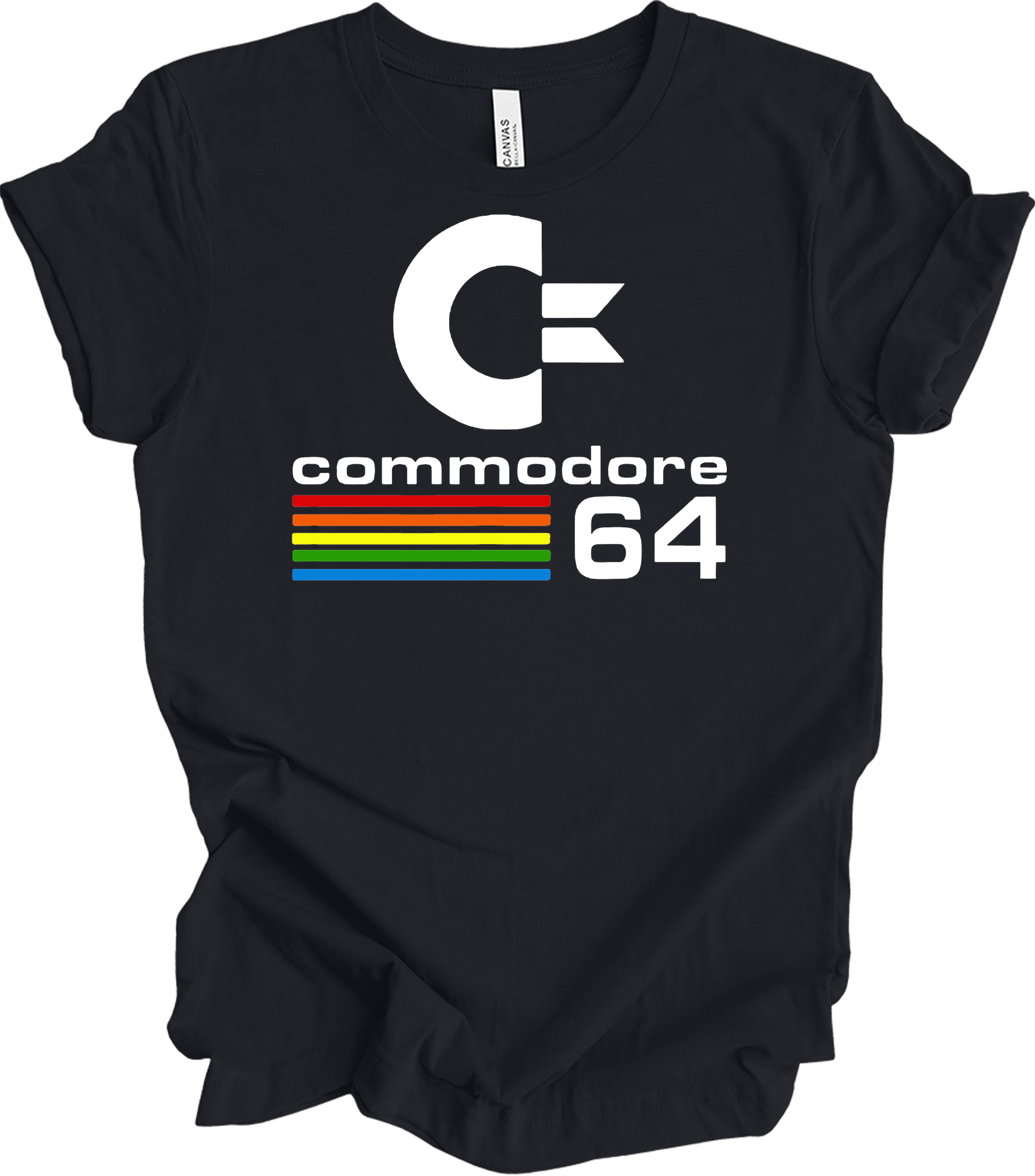 Commodore 64 Retro 80s Gaming - C64 Rainbow Stripe T-Shirt in Vintage Black