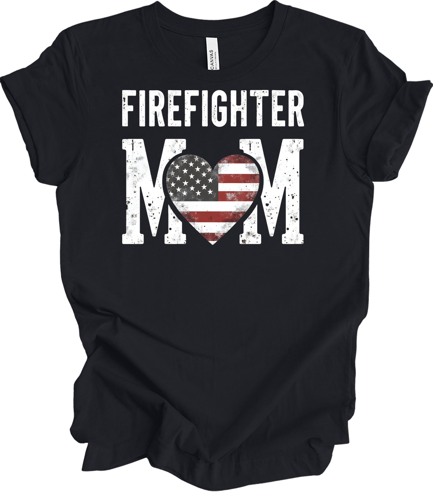 Firefighter Mom Flag Heart T-Shirt in Vintage Black