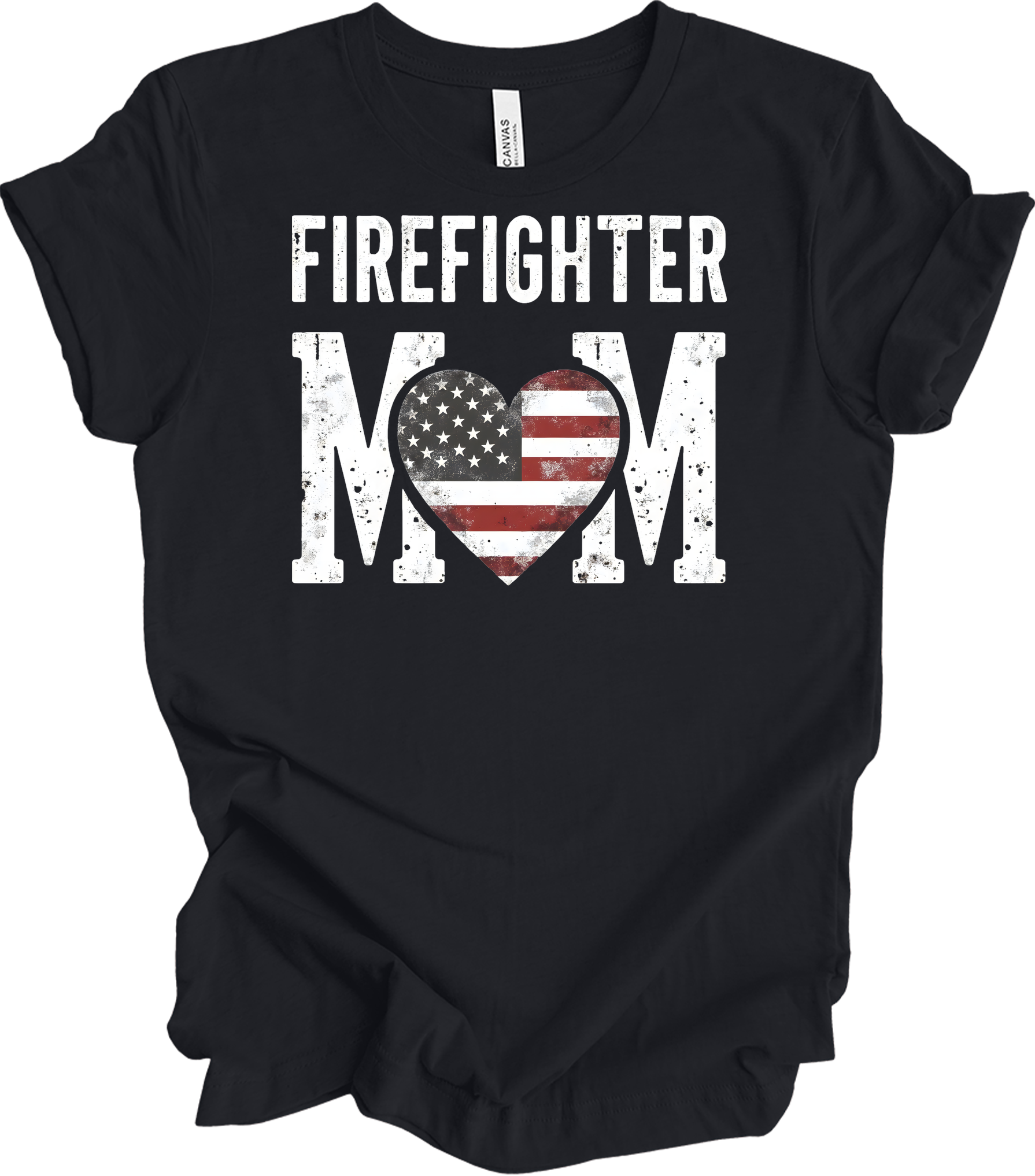 Firefighter Mom Flag Heart T-Shirt in Vintage Black