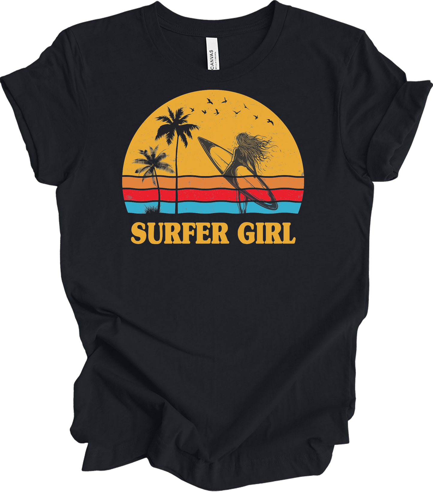 Surfer Girl Vintage Retro 70s Beach Surfing California Lover T-Shirt in Vintage Black
