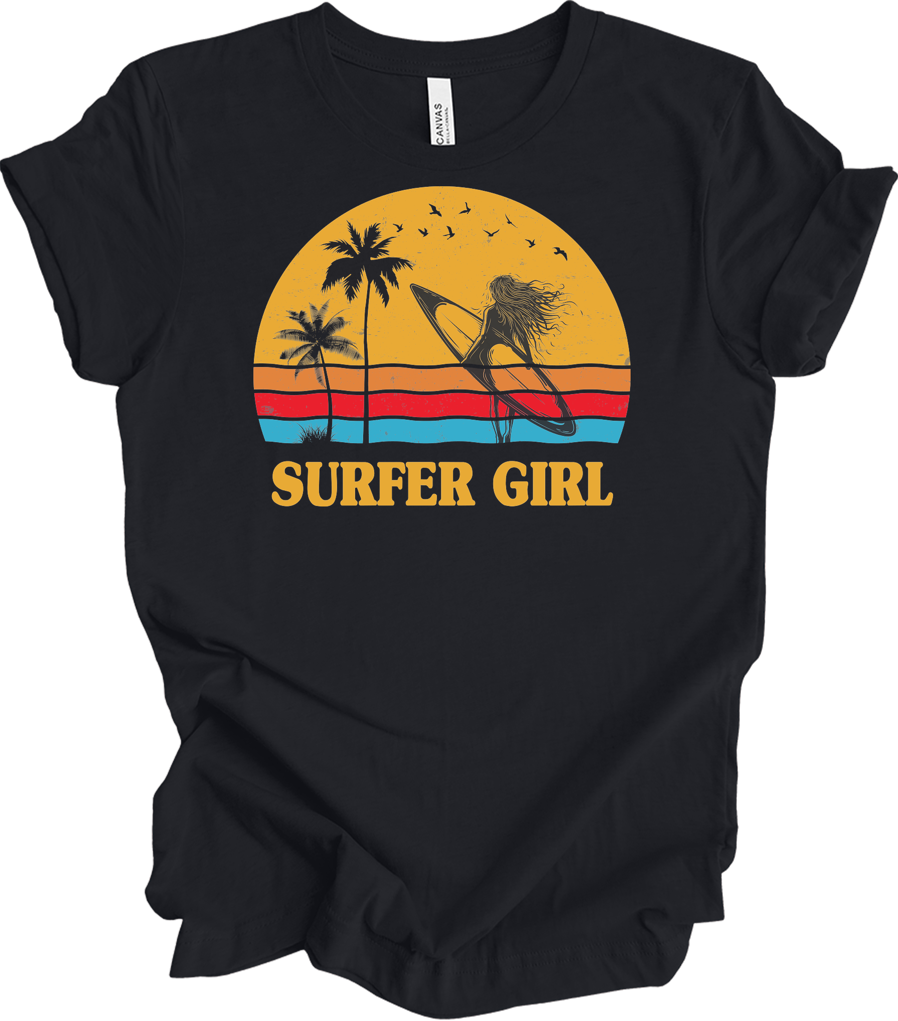 Surfer Girl Vintage Retro 70s Beach Surfing California Lover T-Shirt in Vintage Black
