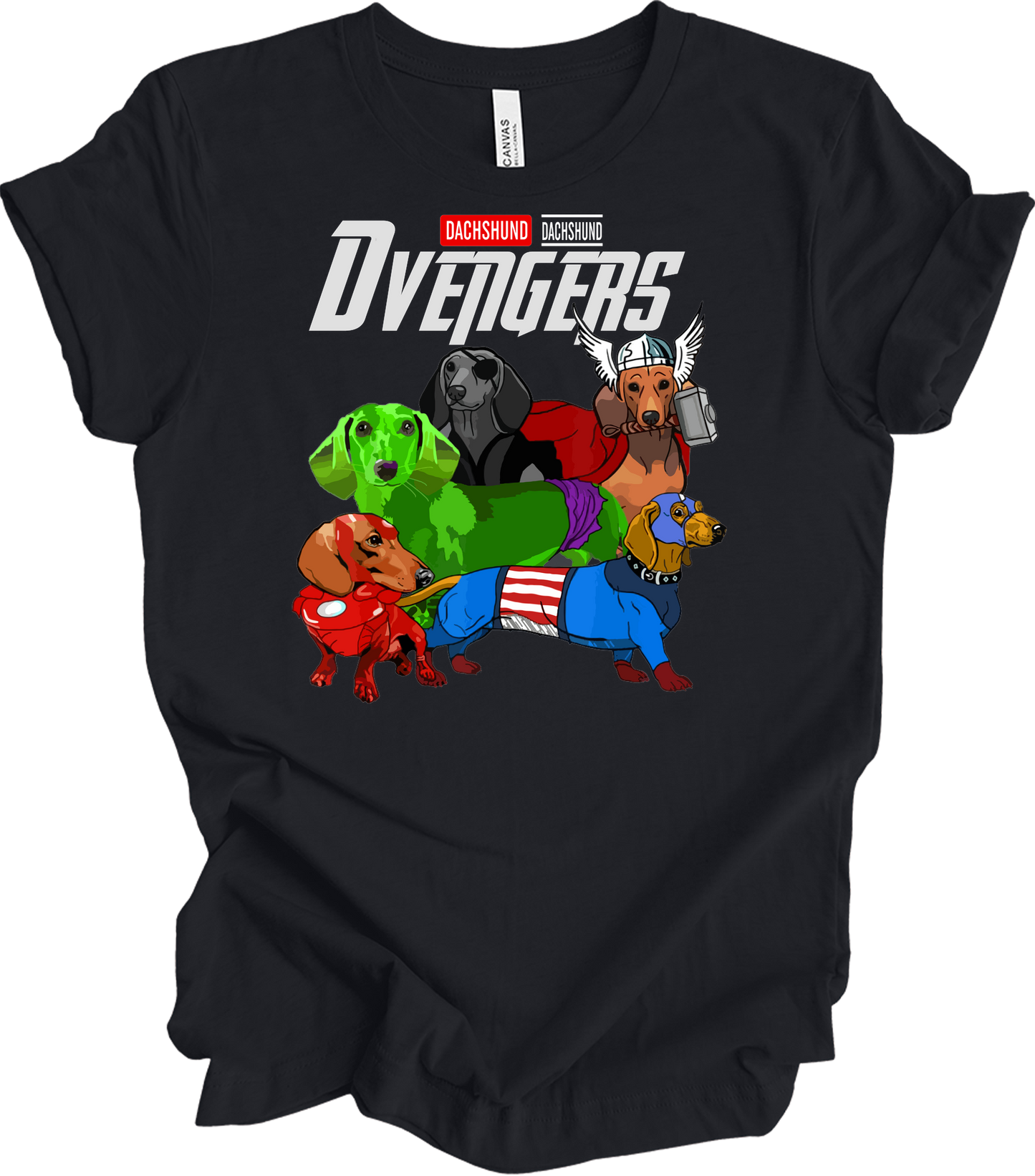Dachshund Dvengers Funny Dog Lover Superhero T-Shirt in Vintage Black