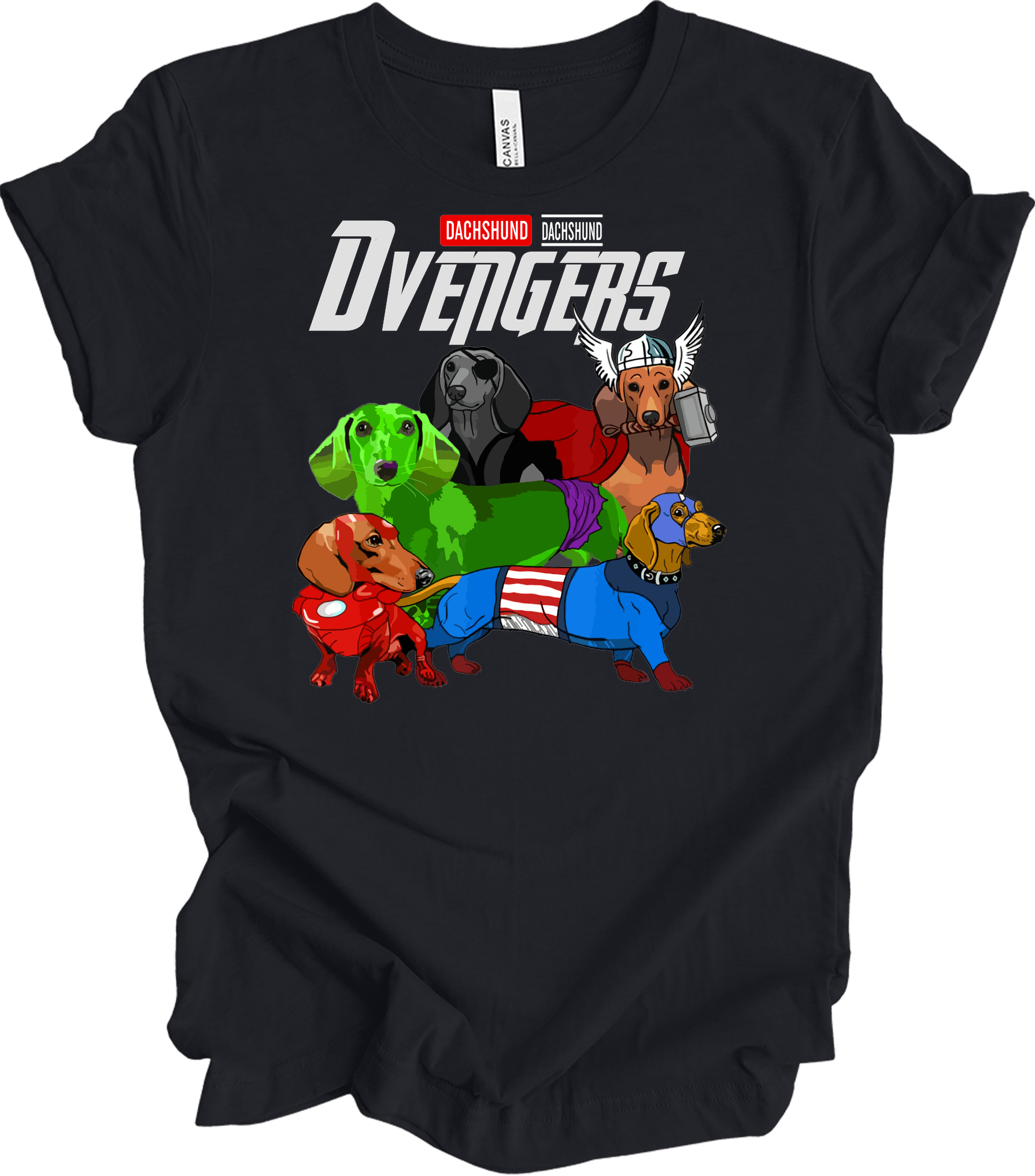 Dachshund Dvengers Funny Dog Lover Superhero T-Shirt in Vintage Black