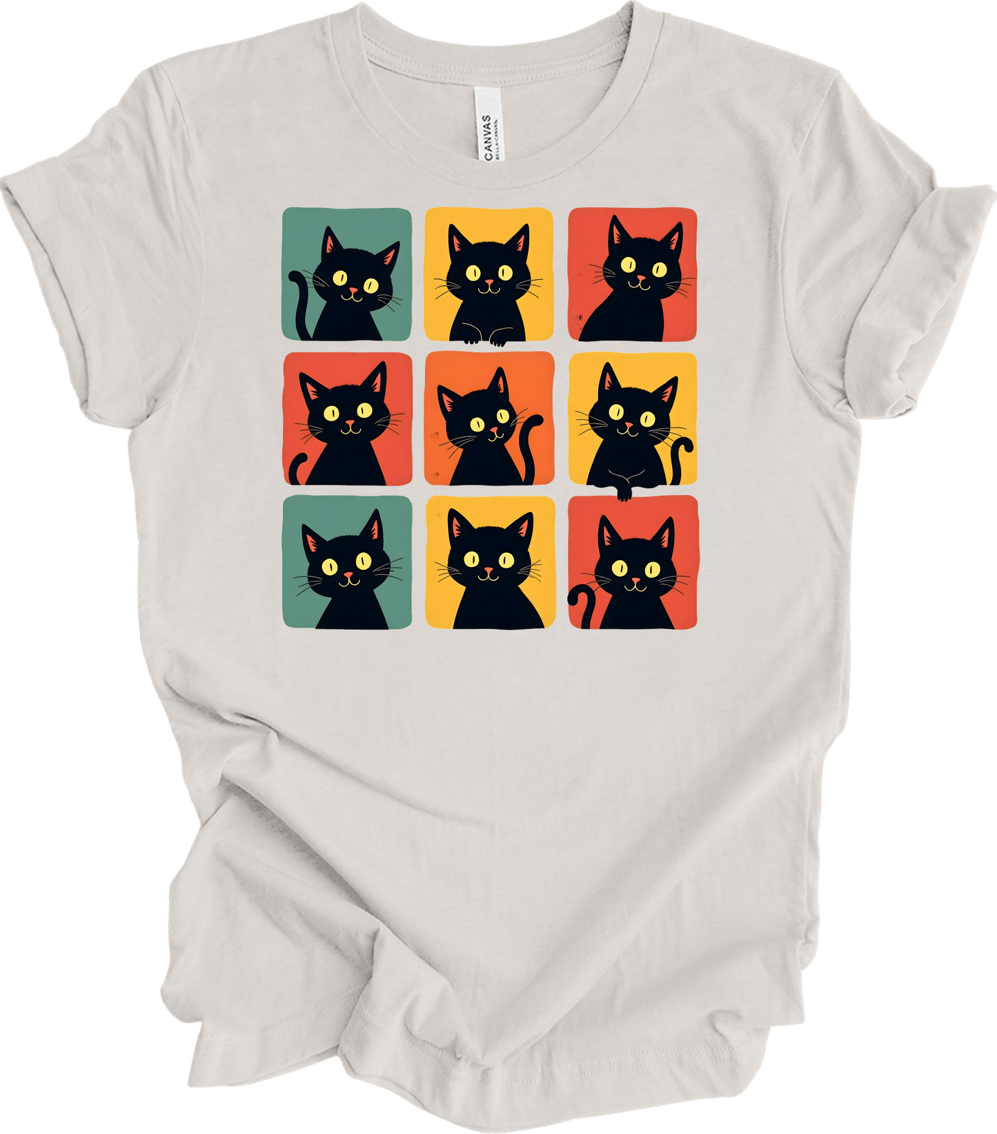 Retro Black Cat Faces T-Shirt in Vintage White