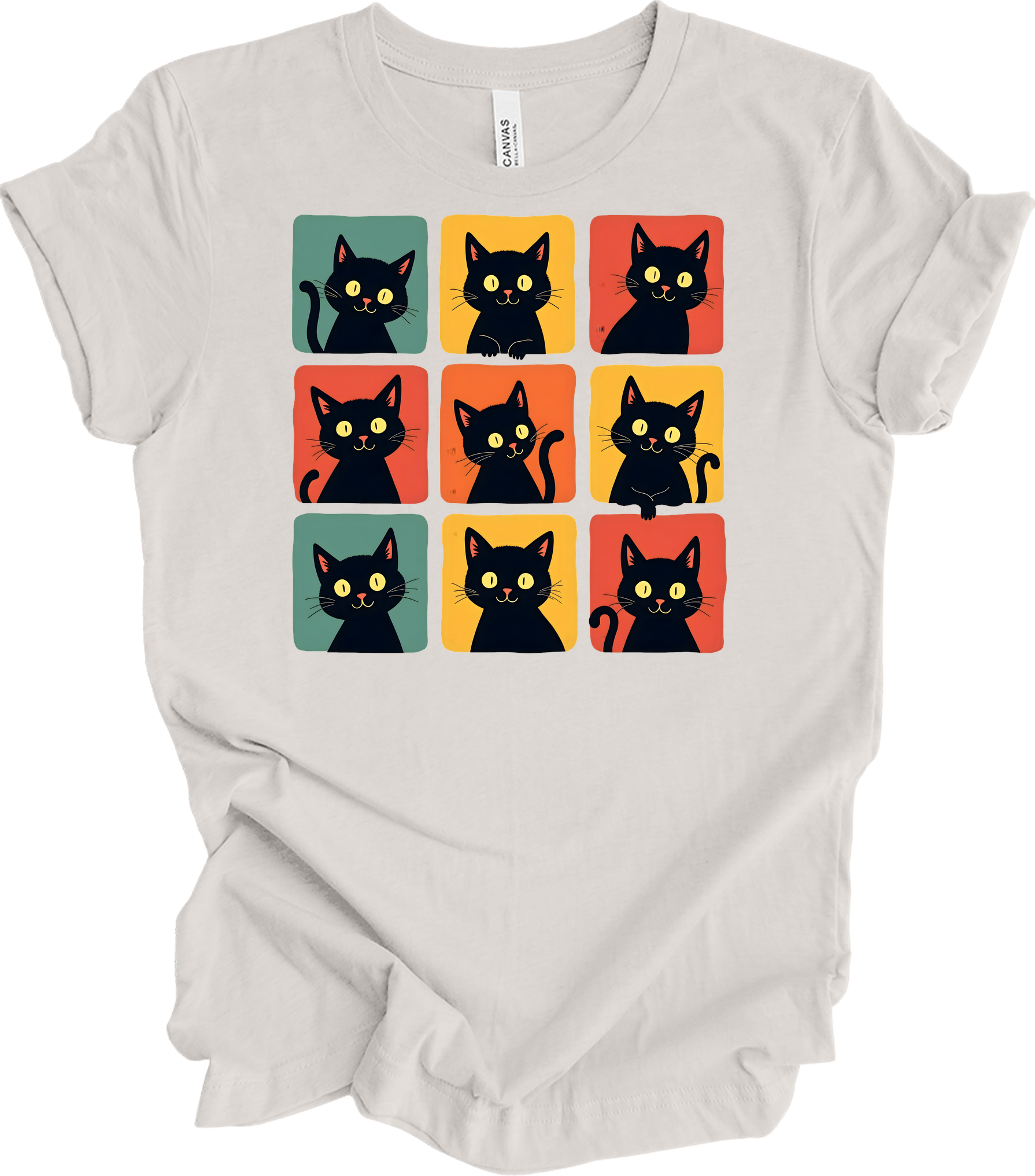 Retro Black Cat Faces T-Shirt in Vintage White