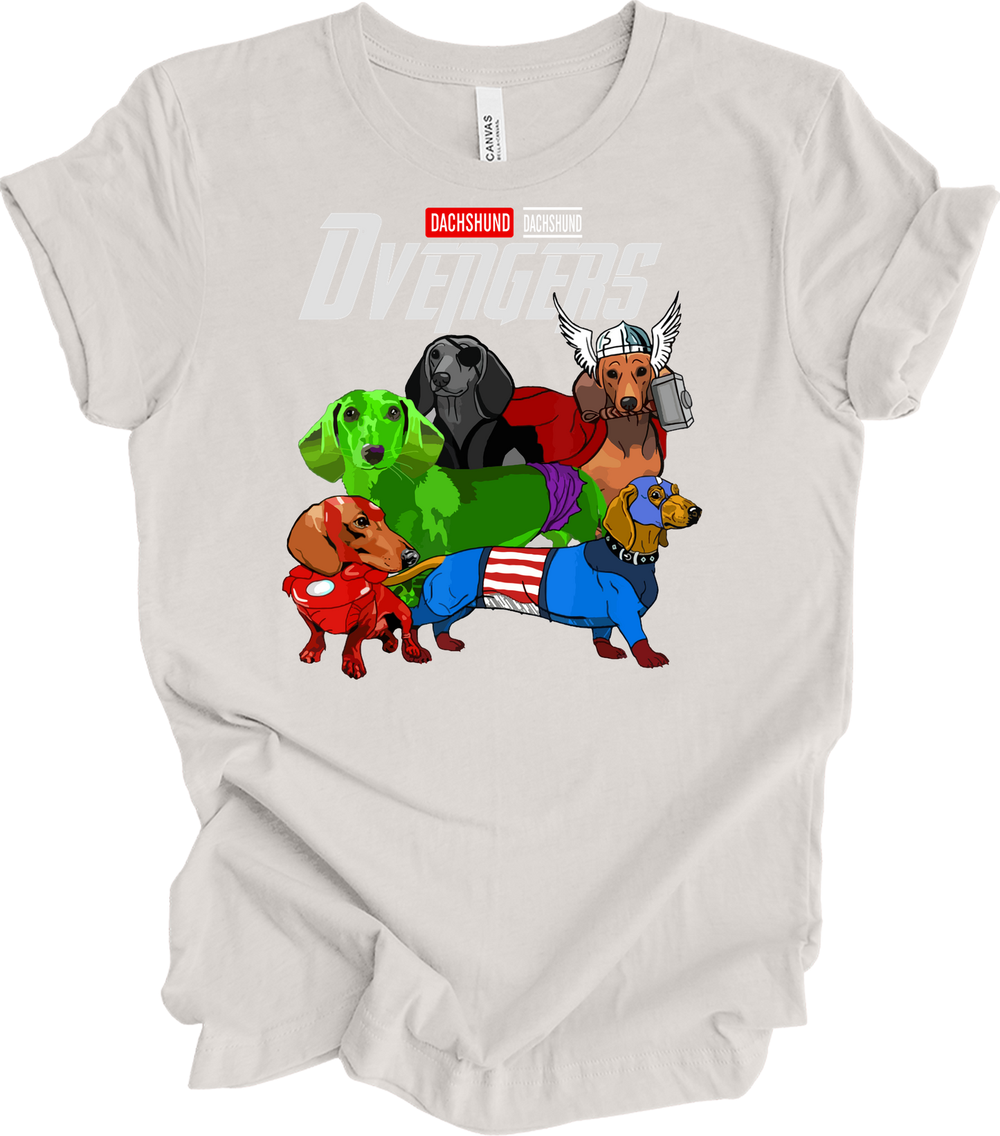 Dachshund Dvengers Funny Dog Lover Superhero T-Shirt in Vintage White