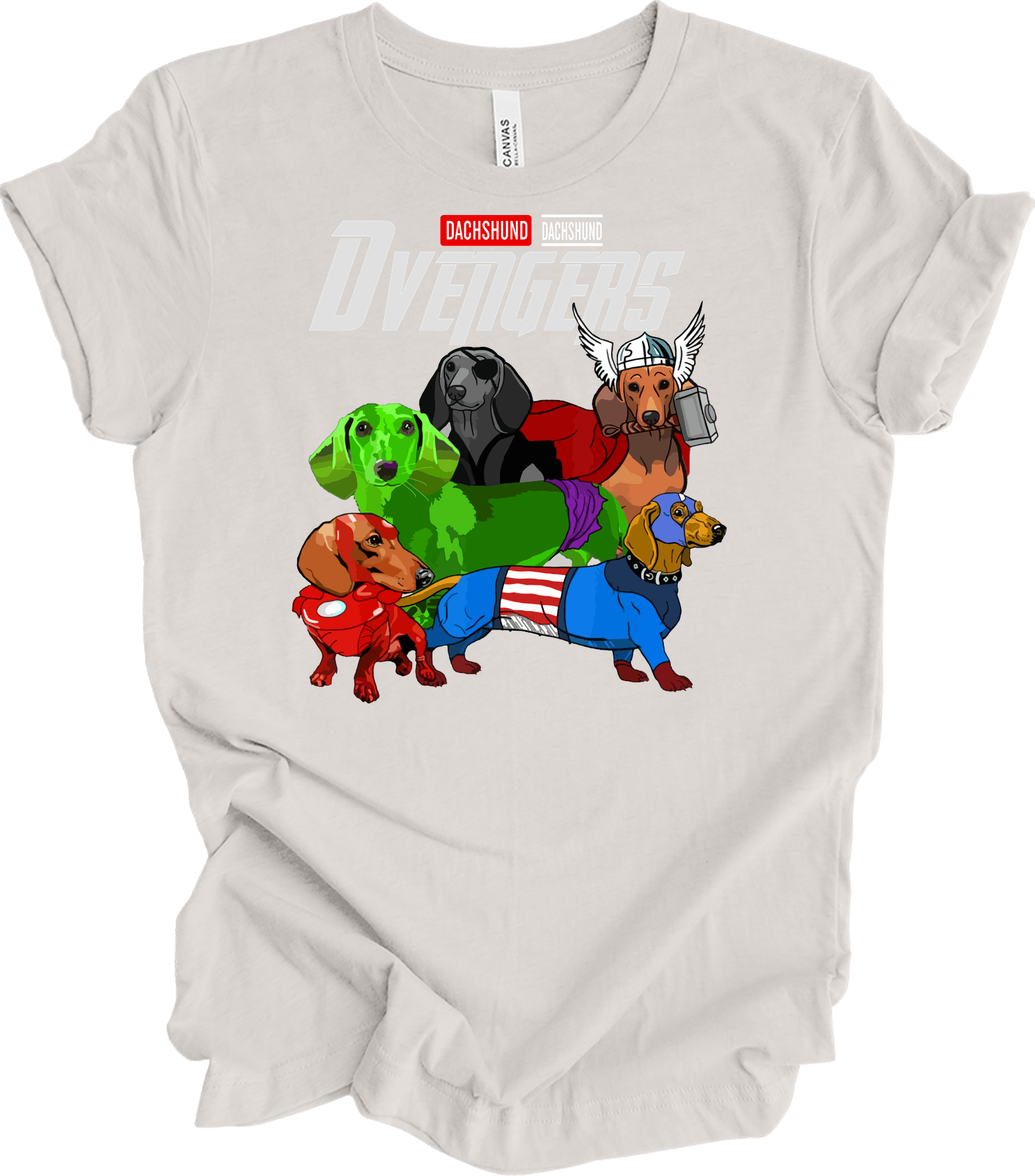 Dachshund Dvengers Funny Dog Lover Superhero T-Shirt in Vintage White