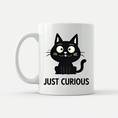 Curious Cat Mug - Funny Black Cat Design