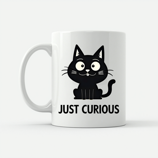 Curious Cat - Funny Black Cat Design Mug in White