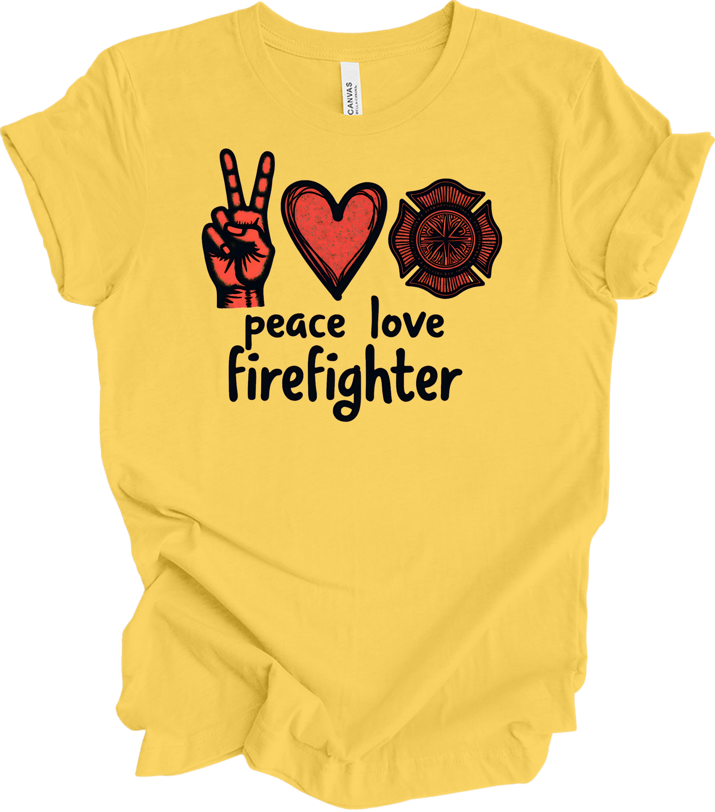 Peace Love Firefighter T-Shirt in Yellow