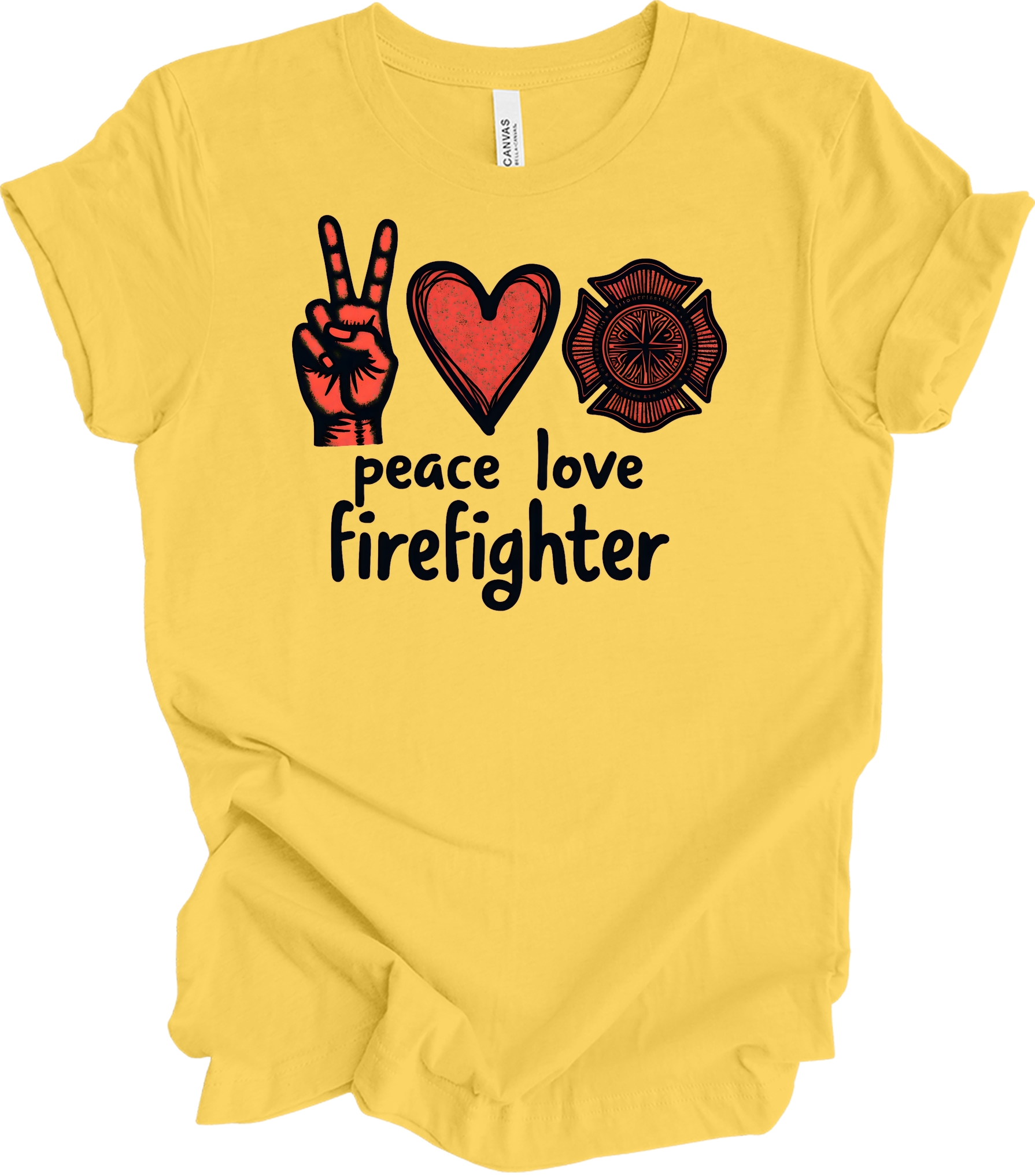 Peace Love Firefighter T-Shirt in Yellow