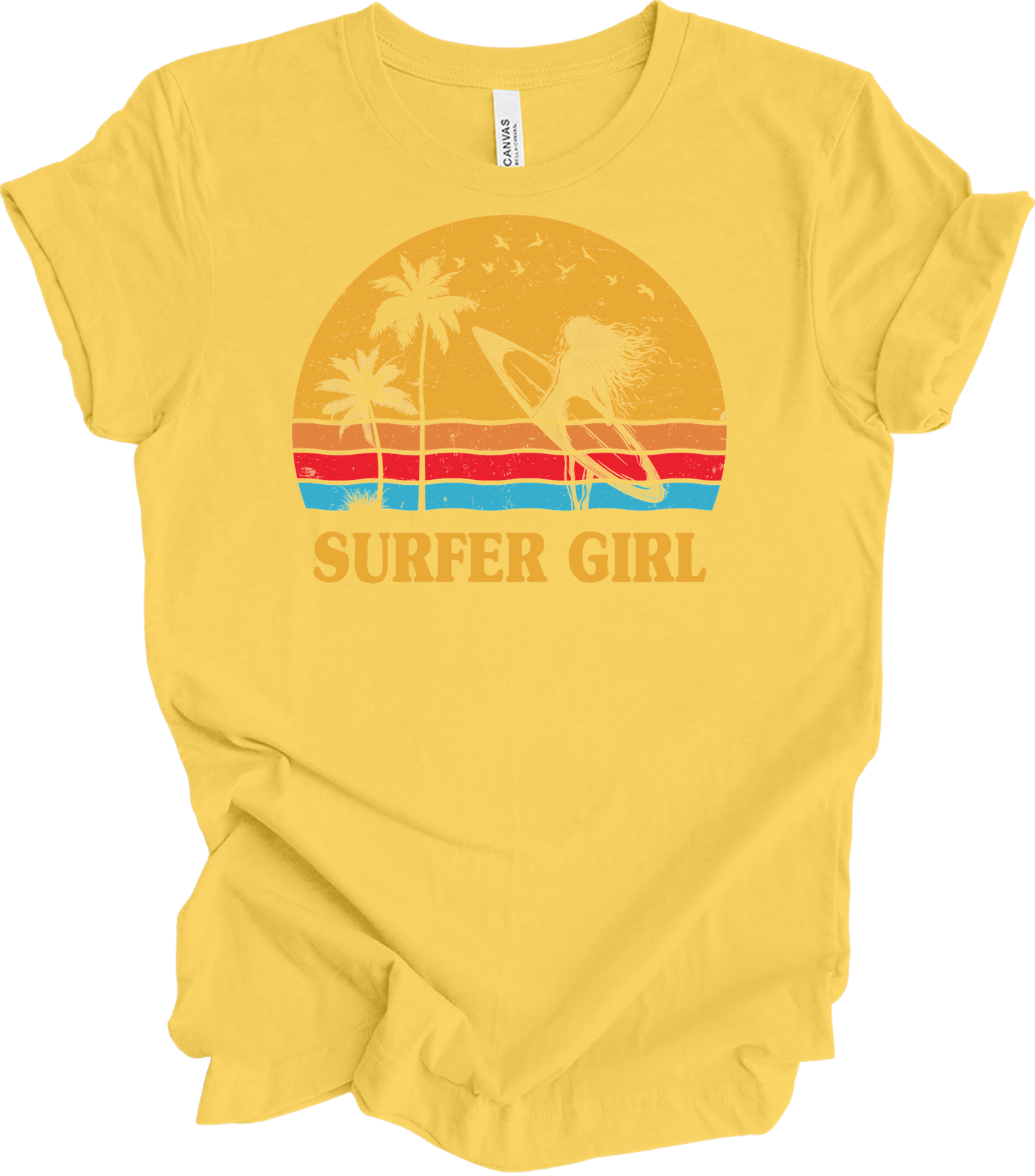Surfer Girl Vintage Retro 70s Beach Surfing California Lover T-Shirt in Yellow