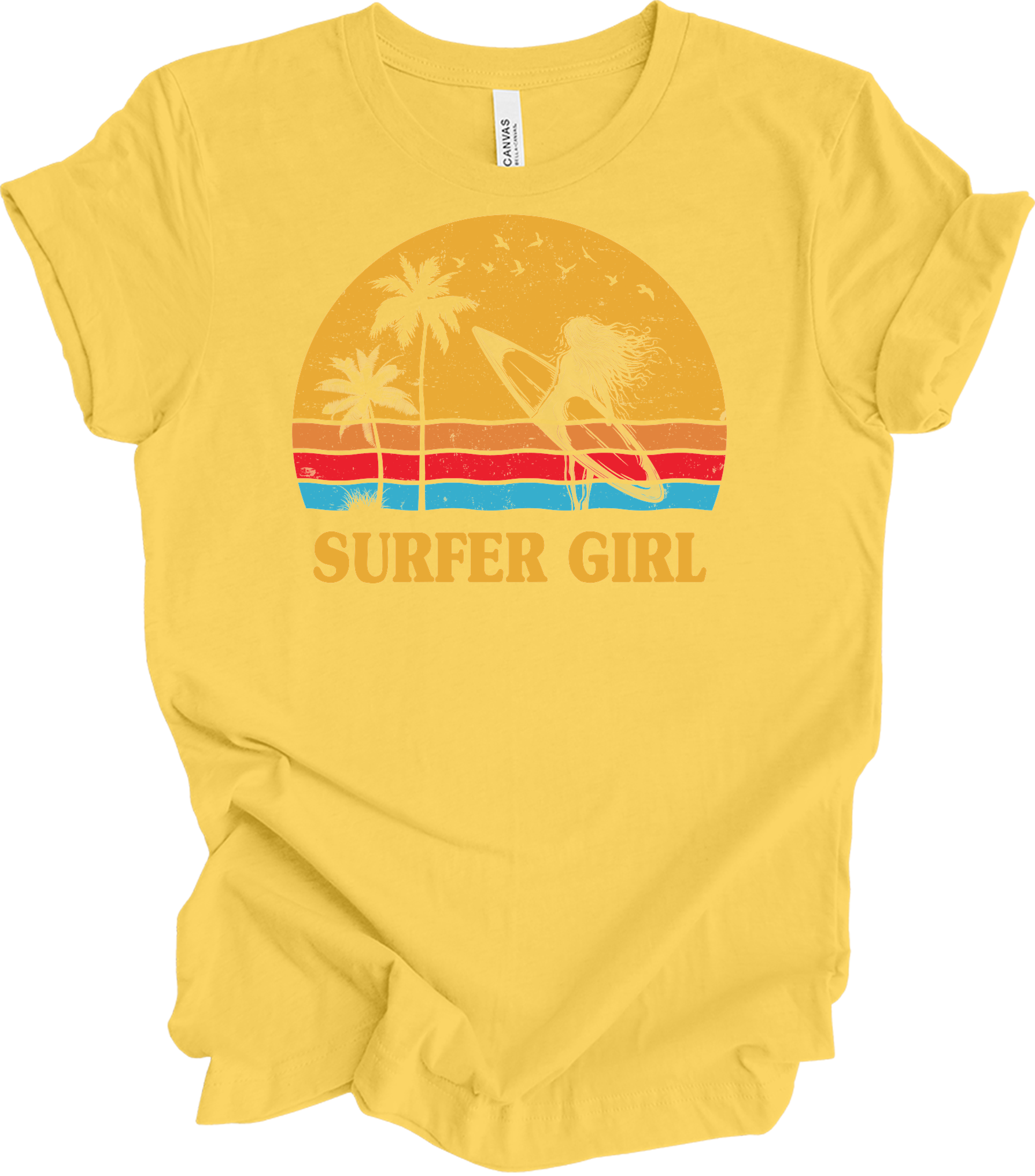 Surfer Girl Vintage Retro 70s Beach Surfing California Lover T-Shirt in Yellow