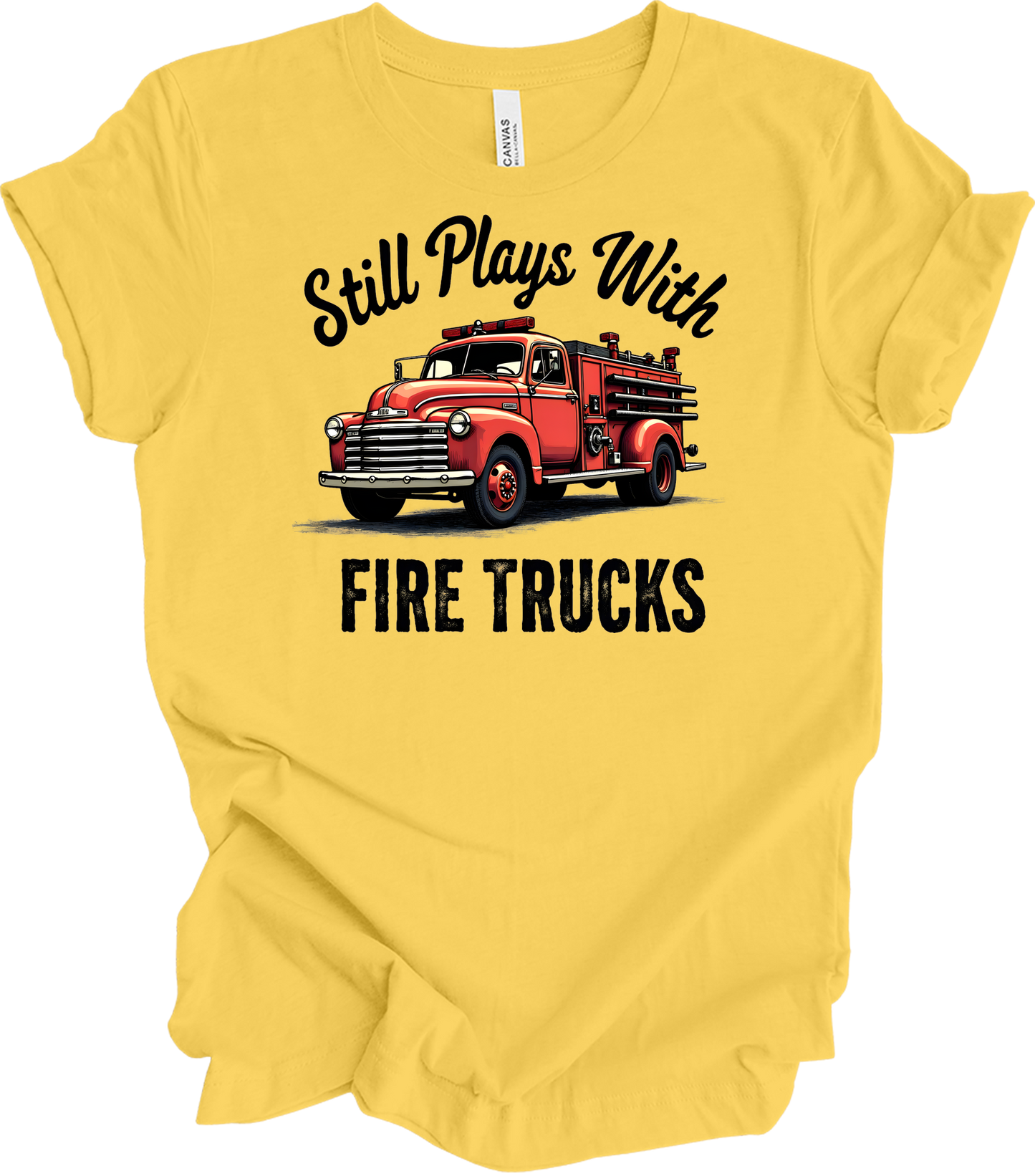 Still Plays With Fire Trucks T-Shirt in Yellow
