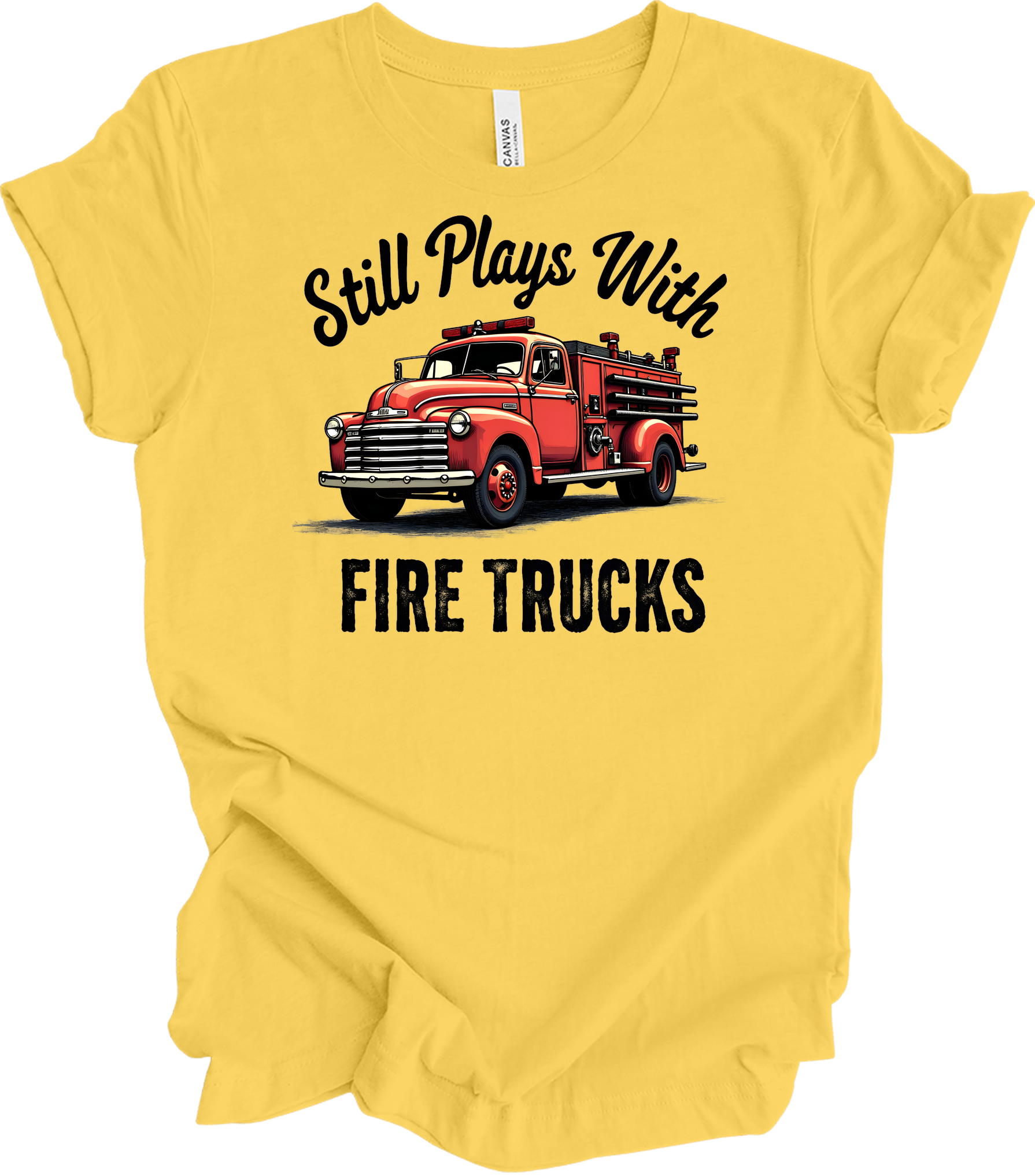 Still Plays With Fire Trucks T-Shirt in Yellow